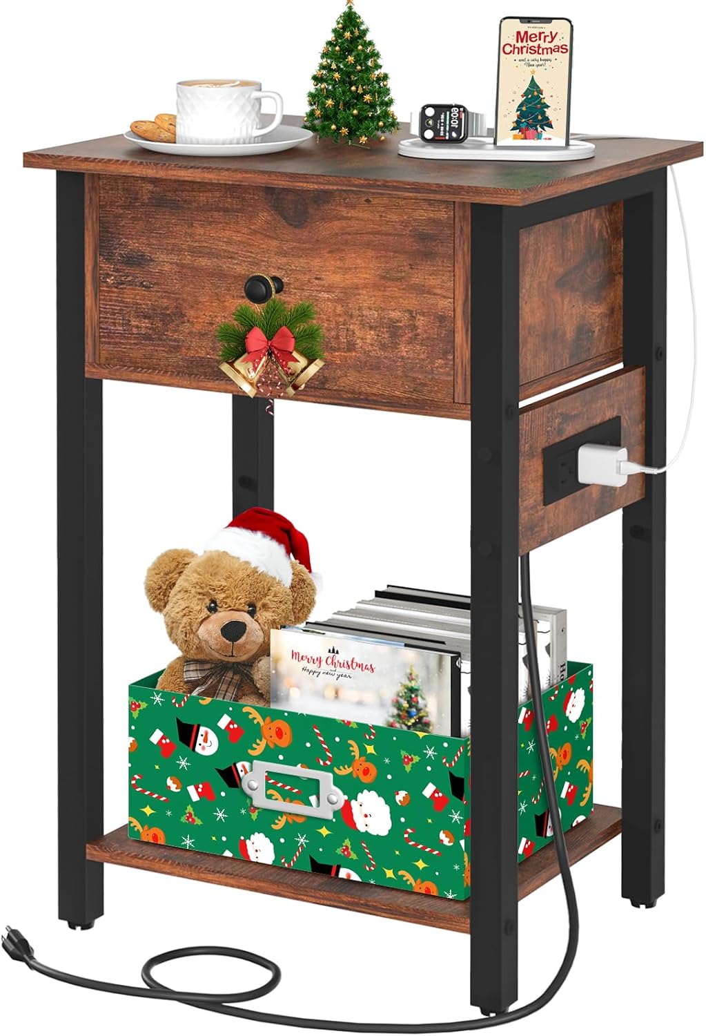 Yoobure Nightstand with Charging Station, Side Table End Table with Large Drawer and Storage Shelf, Bed Side Table/Night Stand with USB Ports & Outlets, Rustic Bedside Tables for Bedroom, Living Room
