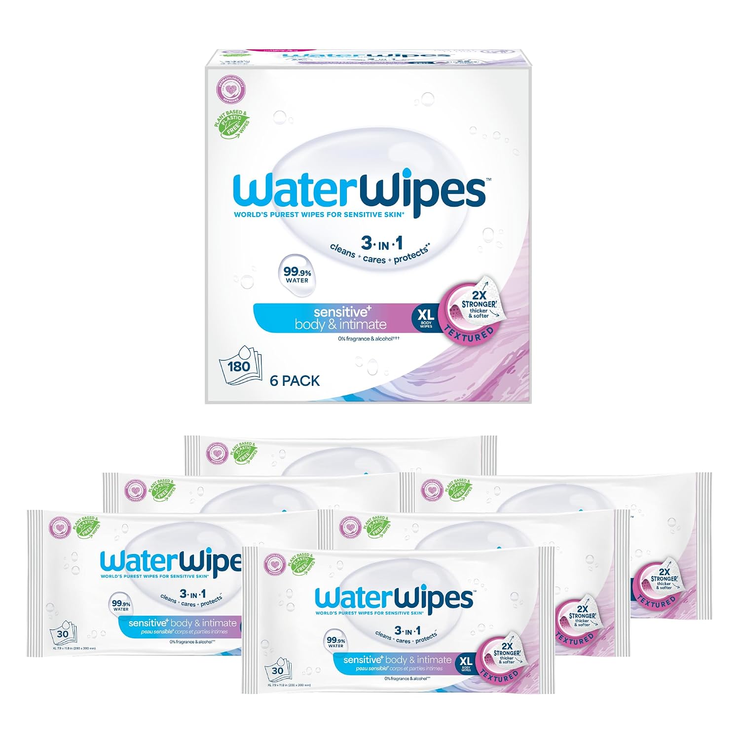 WaterWipes Sensitive Whole Body Cleansing Wipes, 99.9% Purified Water, XL Textured Wipes, Incontinence Care, Fragrance Free, 180 Count