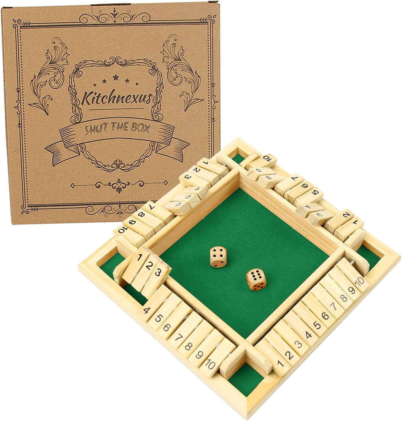 Kitchnexus 4-Player Shut The Box Wooden Table Game Classic Dice Board Toy
