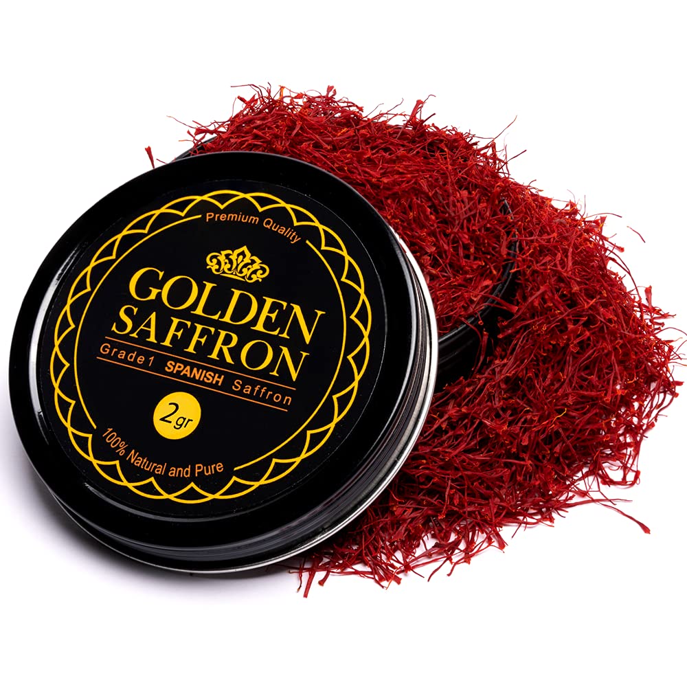 Golden Saffron, Premium Spanish Saffron Threads, Pure Red Spanish Saffron Spice Threads, For Culinary Use Such as Tea, Paella Rice, Risotto, Tachin, Basmati Rice (2 Grams)