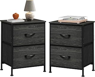 WLIVE Night Stand Set 2, Nightstand with 2 Fabric Drawers, Small Dresser for Bedroom, Bedside Table for Small Spaces, Dorm, Charcoal Black Wood Grain Print