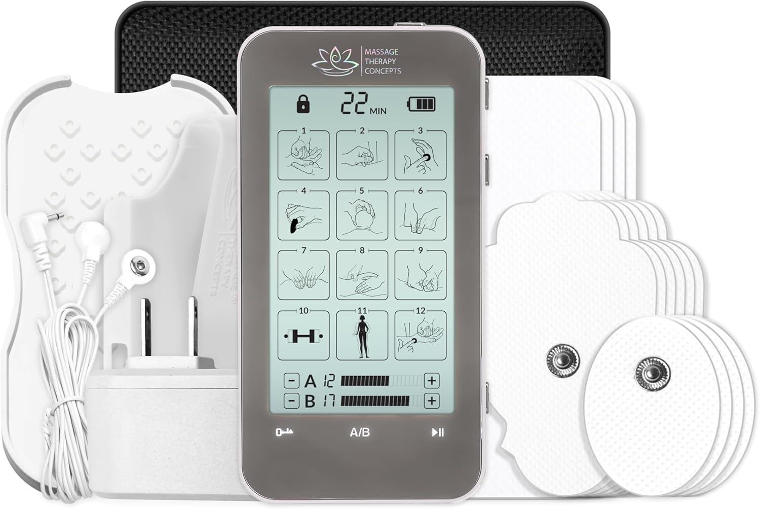 Massage Therapy Concepts Deluxe TENS Unit Muscle Stimulator & Accessories - Rechargeable EMS Machine for Neck & Back Pain Relief, Sciatica - Electrotherapy with 12 Modes & 20 Intensity Levels