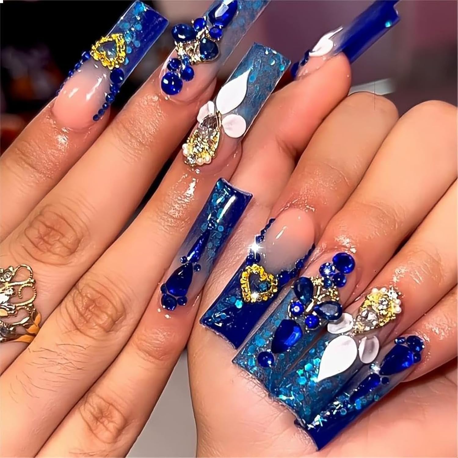 GlamRays Royal Blue Press On Nails Long Length Square Shape Acrylic False Nails with Rhinestone Designs False Nails Pack of 24
