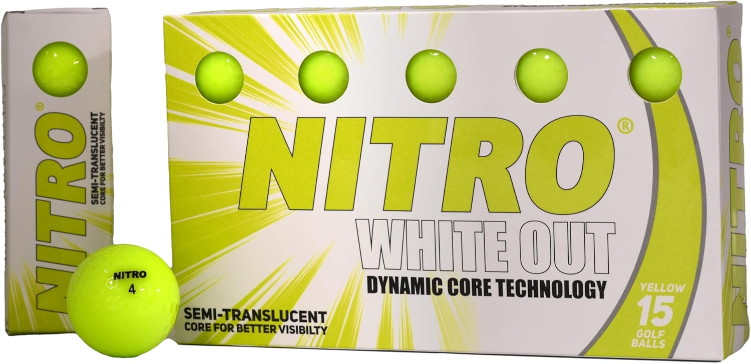 Nitro Long Distance Peak Performance Golf Balls (15PK) All Levels White Out 70 Compression High Velocity White Hot Core Long Distance Golf Balls USGA Approved-Total of 15-Yellow