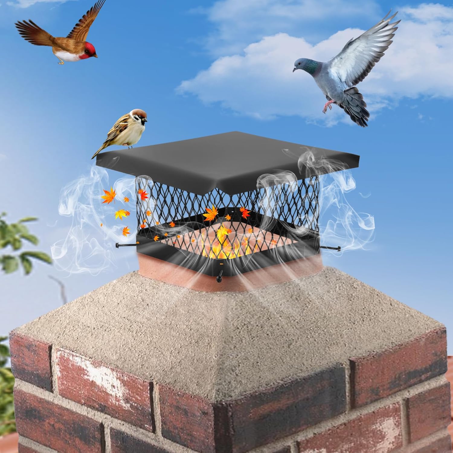 Chimney Cap Stainless Steel (13" x 13"),Single Bolt Chimney Fireplace Cover,Chimney Flue Cover to Fit On Existing Flue Tiles,With Netting and Cover Panels for Protection from Birds, Debris, Rain