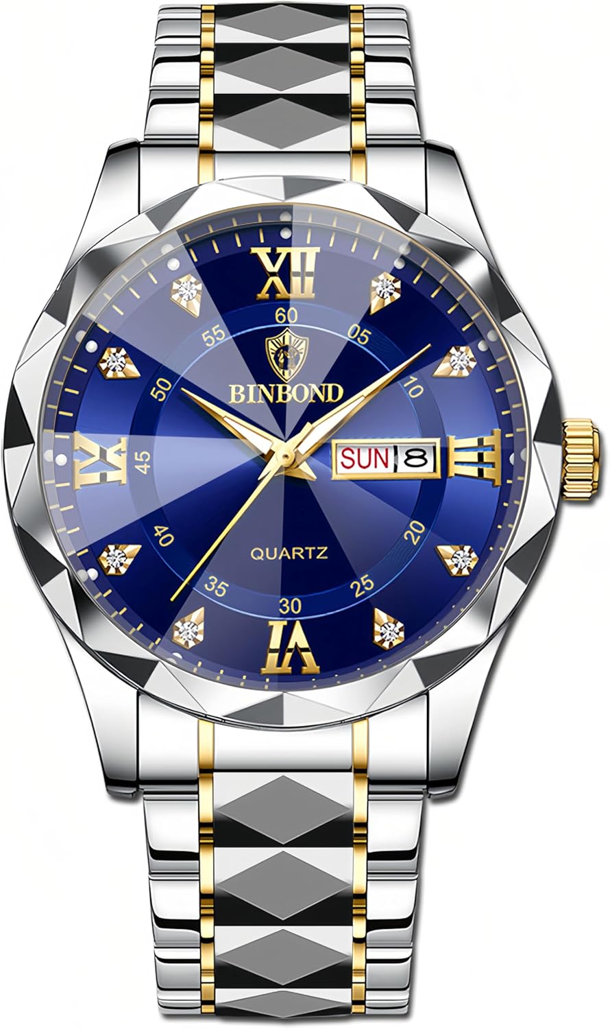 Gosasa Luxury Men's and Women's Business Diamond Stainless Steel Waterproof Roman Numeral Analog Quartz Watch with Day-Date Calendar, Gold and Silver Tone