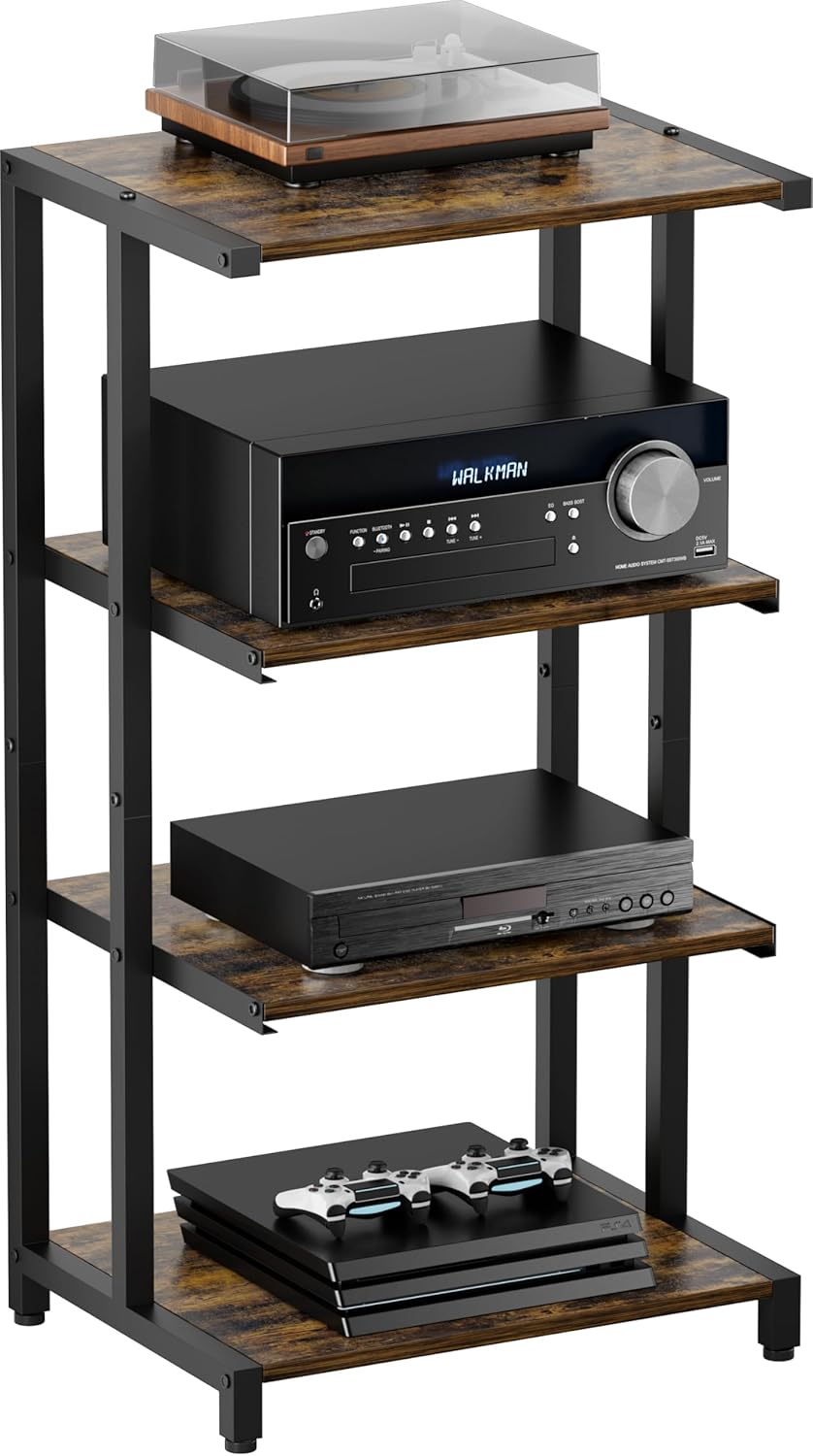 4-Tier Wooden Media Stand, AV Media Stand Corner Shelf for TV Accessories/Audiovisual Equipment/Optical Disc/PS4, Audio Storage Rack for Living Room, Gaming Room, Music Studio, Black