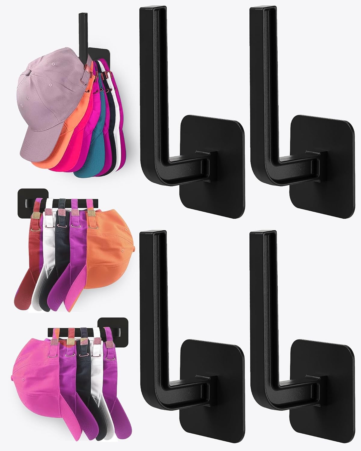 Hat Rack for Hat Storage (4-Pack), Multi-Purpose Hat Organizer, Strong Adhesive Hooks for Wall Organizer for Baseball Caps, Two Mounting Options Hook, Black