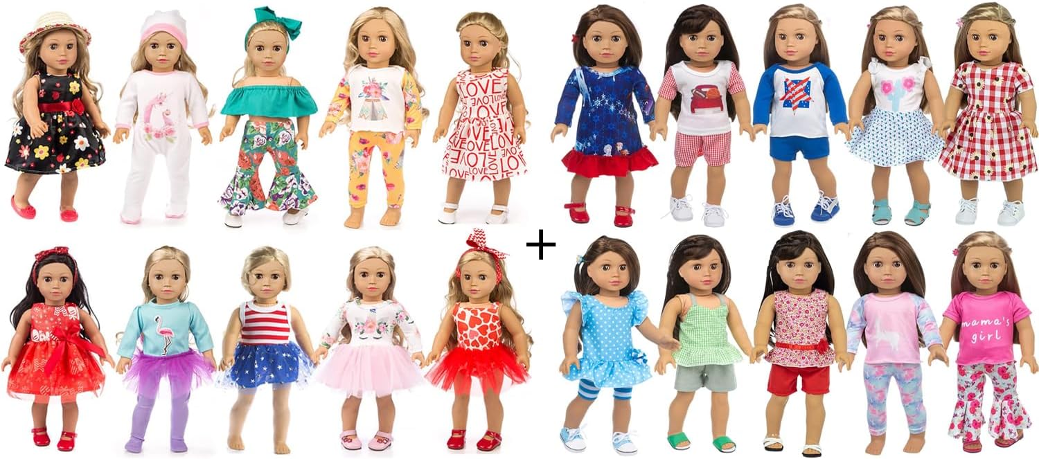 ZQDOLL 19 pcs American Doll Clothes and 23 Pcs American Doll Clothes Dress and Accessories fit American 18 inch Dolls