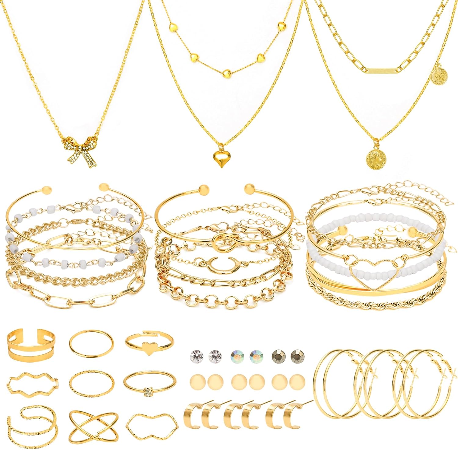 NEWITIN 49 Pieces Gold Jewelry Set for Women Fashion Costume Jewelry Gold Plated Necklace Bracelet Ring Earrings Set for Women