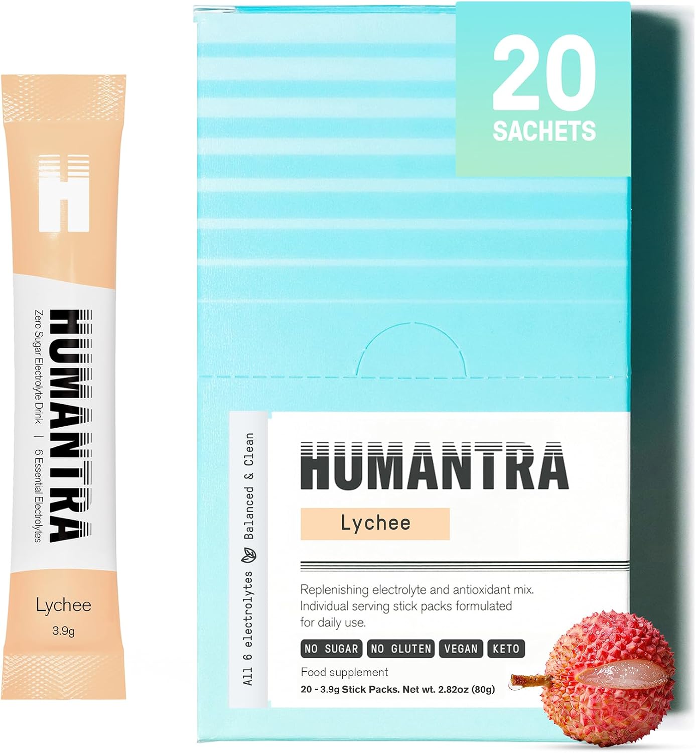 Humantra Electrolytes Powder - Lychee Flavor, 20ct - Powdered Hydration Sachets - Plant-Based Electrolyte Powder with 6 Electrolytes - Vegan, Sugar Free, Gluten Free