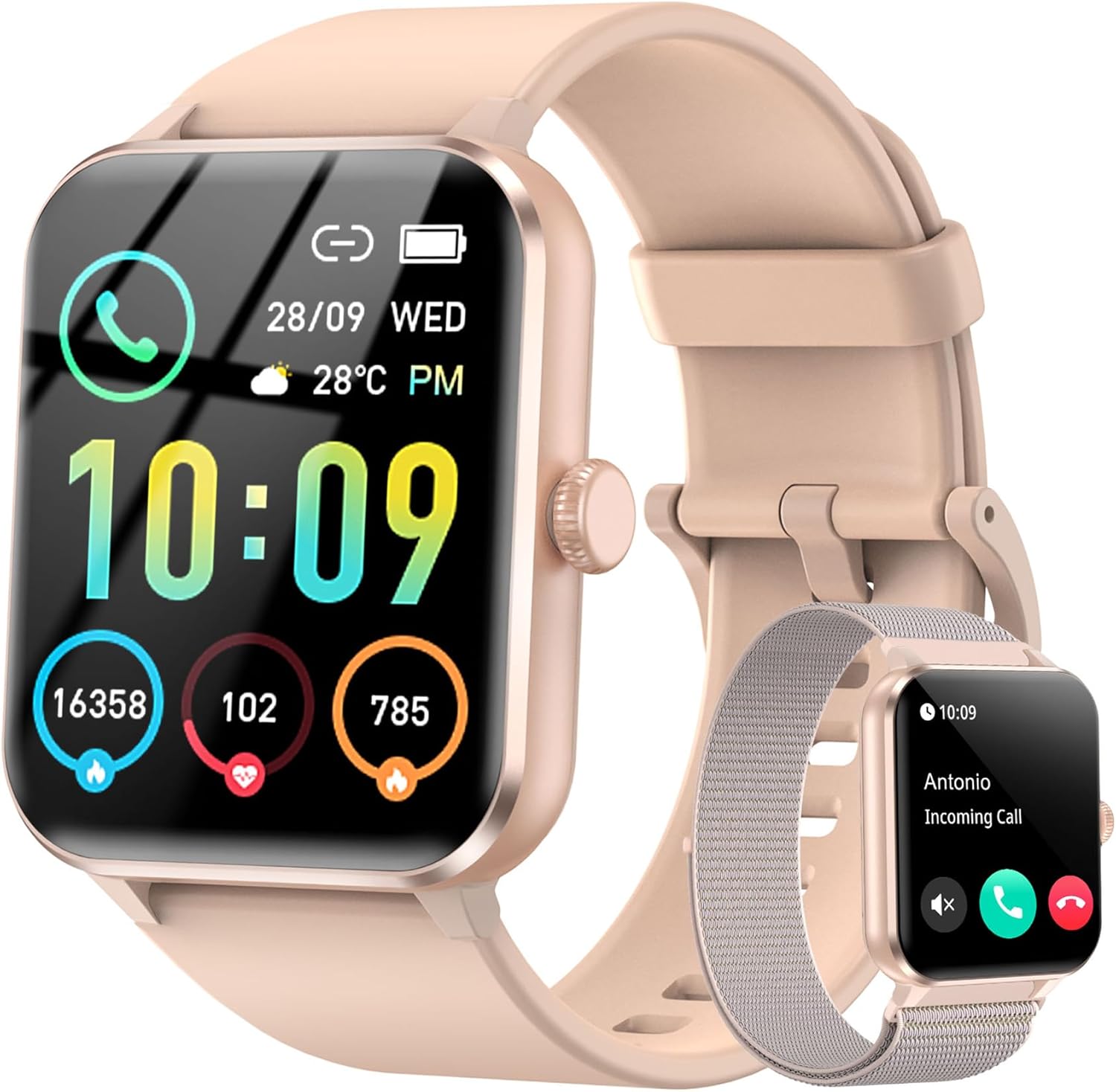 IOWODO Smart Watch(Answer/Make Call), 1.85" Smart Watches for Women, 100+ Sport Modes, Pedometer, IP68 Waterproof Fitness Tracker, Heart Rate/Sleep Monitor, Smart Watches for Android & iOS (2 Straps)