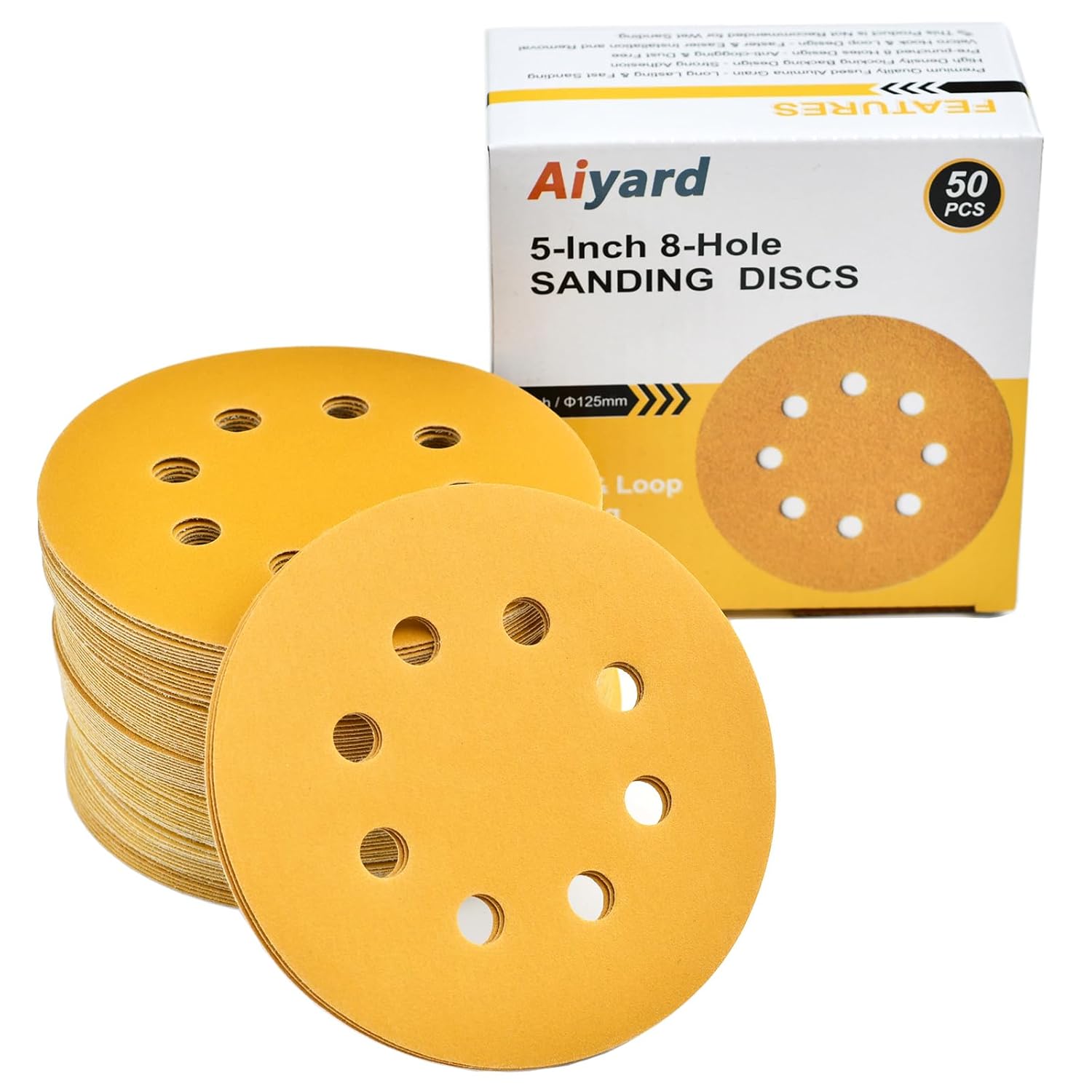 5-Inch 8-Hole Hook and Loop Sanding Discs 320-Grit Random Orbit Sandpaper, 50-Pack