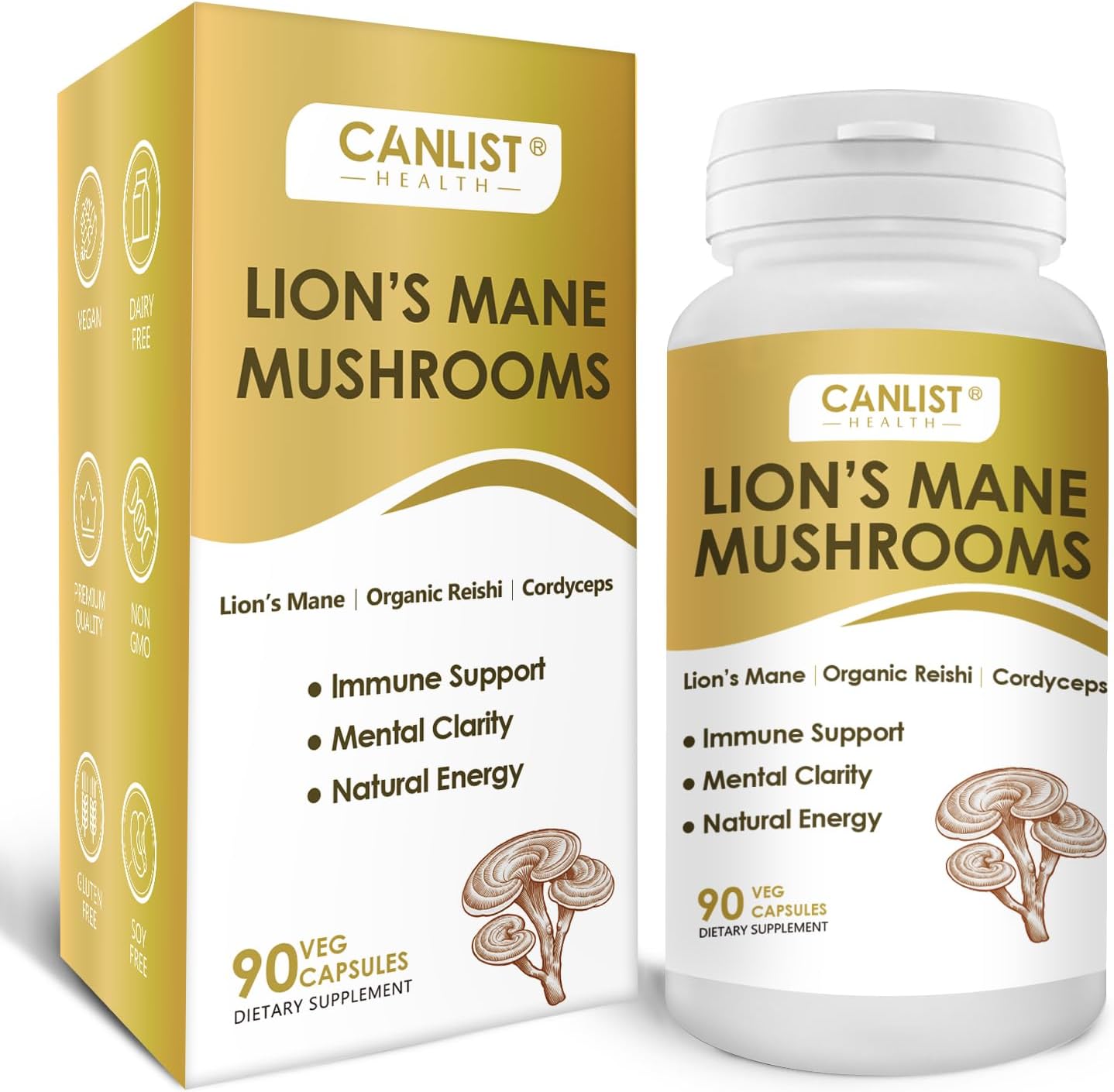 Organic Mushroom Complex Capsules with Lion's Mane, Cordyceps, Reishi, Help for Cognitive Focus, Immune Support & Brain Health, Vegan, Non-GMO, 90 Capsules