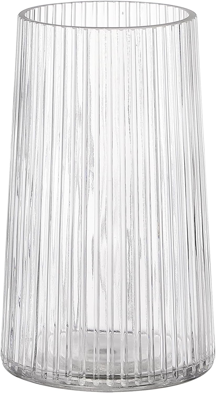 Clear Glass Vase for Flowers, Glass Flowers Vase, Flower Vases for Bouquet, Modern Ribbed Vases for Living Room, Dining Room, Coffe Table, Office, Wedding, 20CM