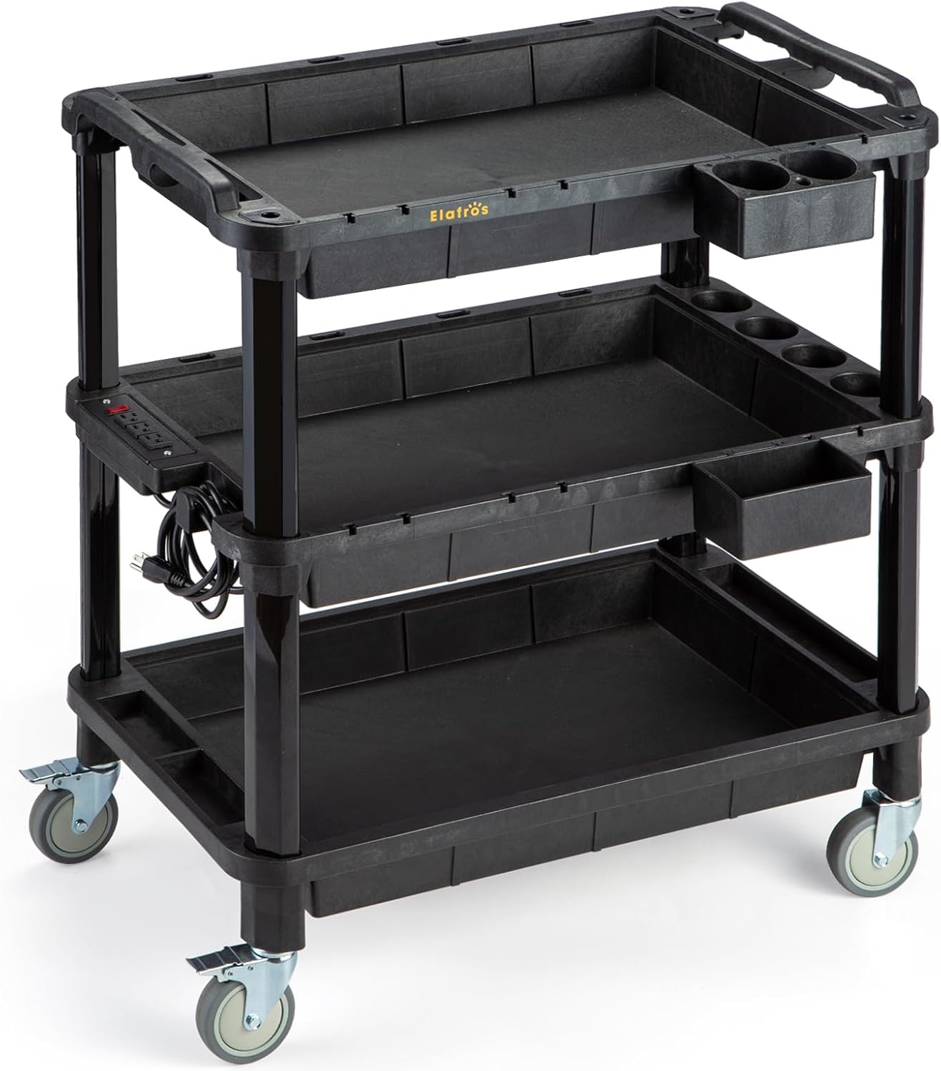 ELAFROS Multi-Use Rolling Cart with Power Strip โ Industrial-Grade Plastic Utility Cart with 3 Deep Plastic Shelves, 500 lbs Capacity, 32.4"x18.3", Work cart, Black