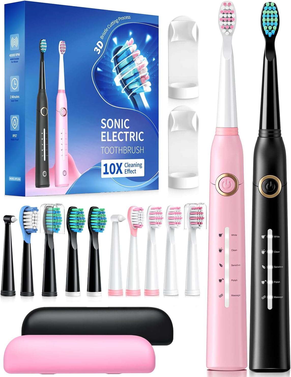 2 Pack Sonic Toothbrush, Electric Toothbrush Adults with 40000VPM 5 Modes 12 Brush Heads 2 Travel Cases, Sonic Toothbrush 4 Hours Charge Minimum 30 Days -Black&Pink