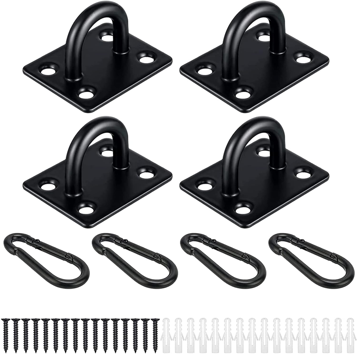 EGGMARCH 4 Pcs M6 Oblong Pad Eye Plate and 4Pcs Carabiner Clips, Stainless Steel Staple Hook Loop Suspension Ceiling Hooks Marine Hardware Anchor plates U Hooks with Screws and Plastic Plugs