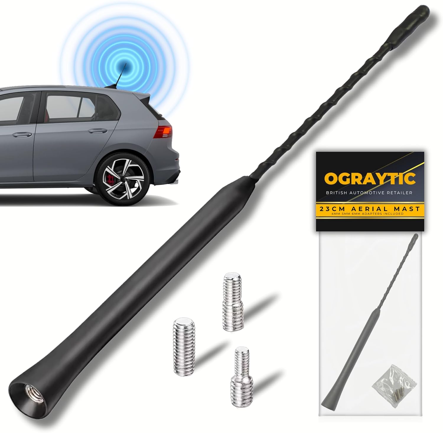 Universal Car Aerial Antenna AM/FM/DAB Replacement Roof Van Car Radio Aerial Short Mast Whip Rod Car Radio Antenna Screws Threads 4mm 5mm 6mm 23cm 9 inch Long
