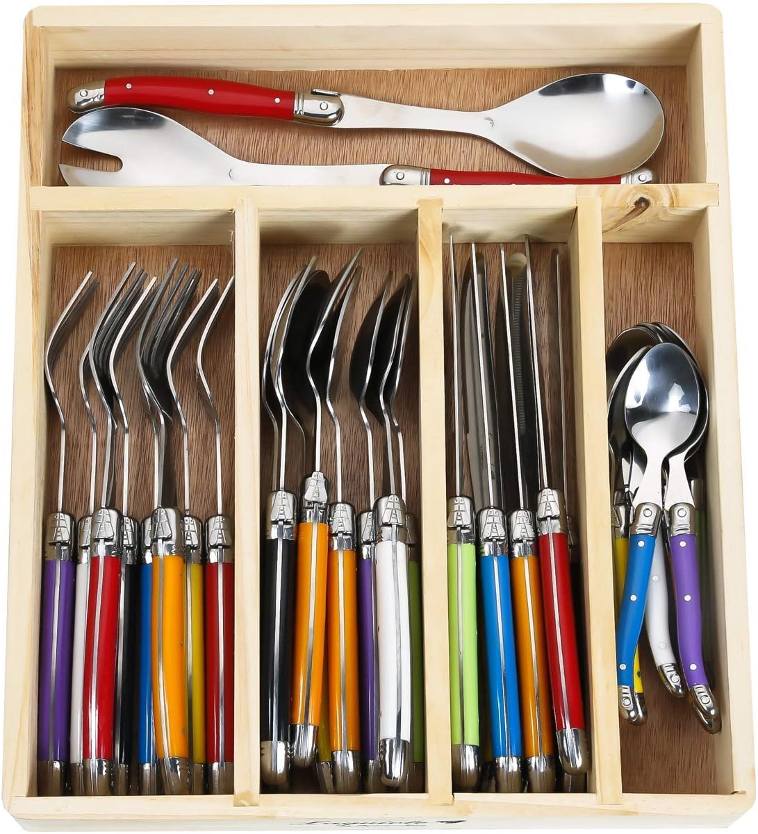 Laguiole Stainless Steel Flatware Set. Multicolor Handles, Wooden Storage Box, 34 Pieces
