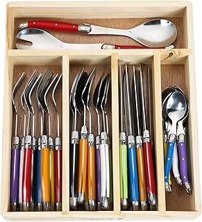 Laguiole Stainless Steel Flatware Set. Multicolor Handles, Wooden Storage Box, 34 Pieces