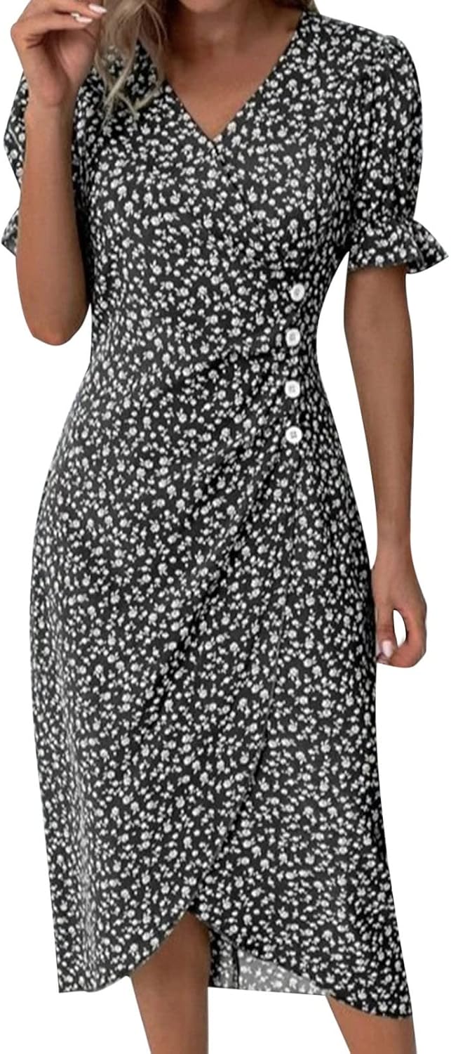 Yinguo Summer Dresses for Women UK 2025 Boho Causal Short Sleeve Vacation Floral Button Linen Dress with Pockets Ladies Maxi Printing Party Club Elegant Beach Dresses