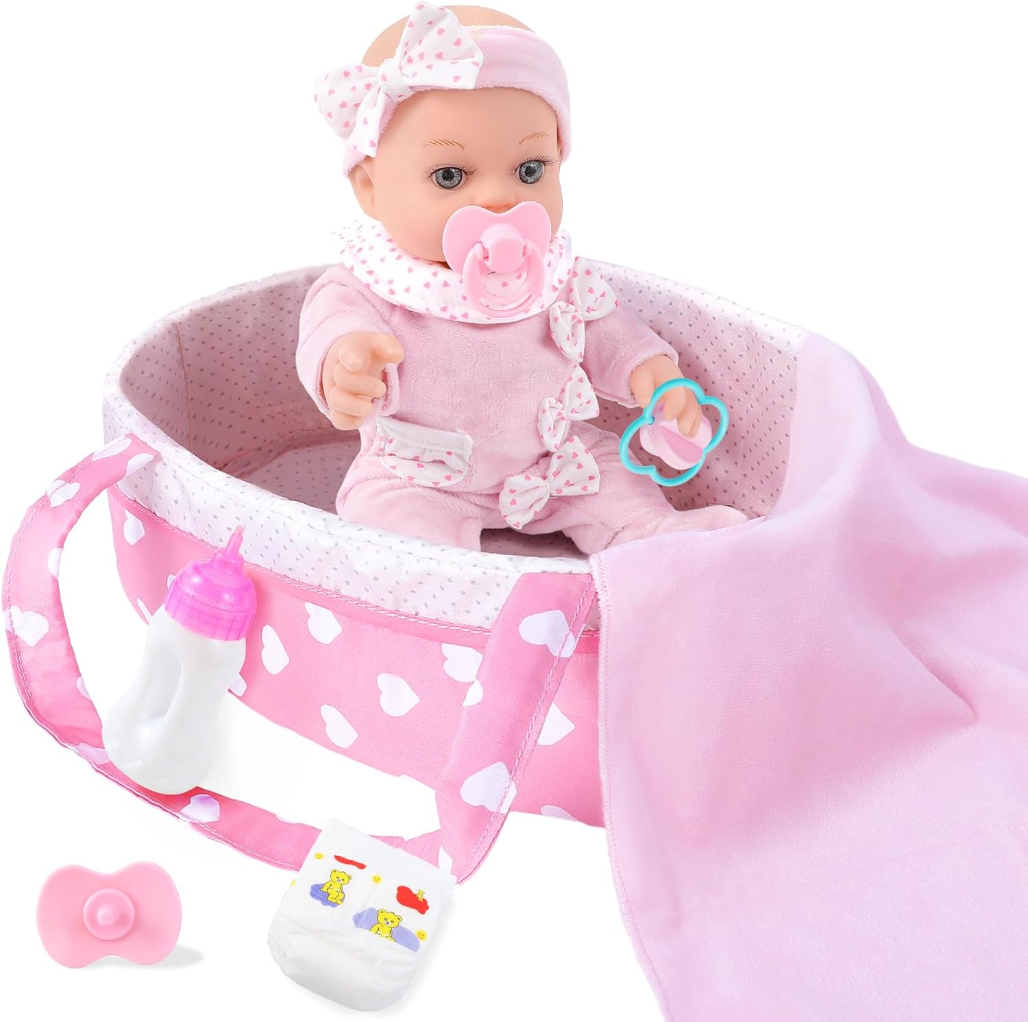 12 Inch Baby Doll Playset with Dolls Clothes and Accessories First Baby Dolls for Toddlers 3 Years and Up Includes Bassinet Bed, Blanket, Bottles, Nipple, Diaper, Toys