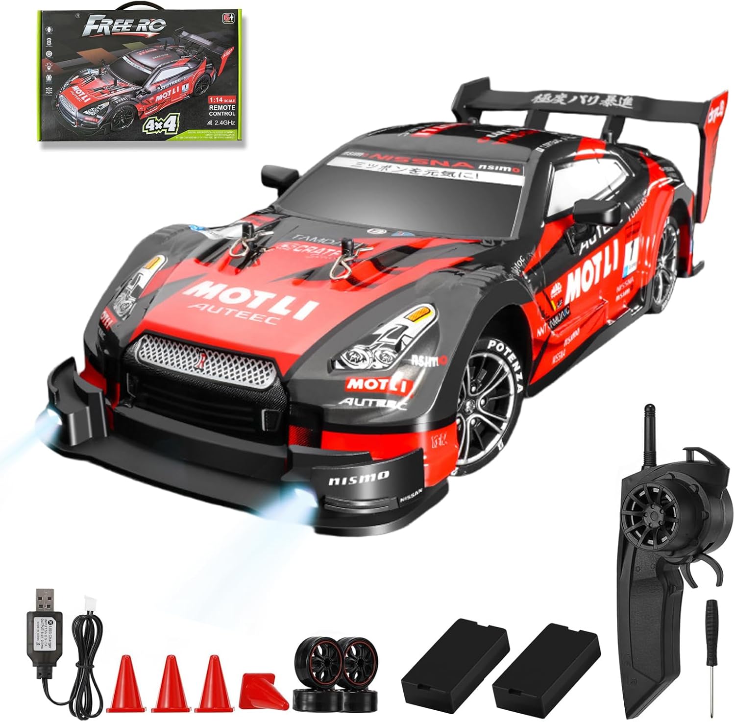 RC Drift Car, 1:14 Scale GTR Model, 4WD 28KM/H High Speed Remote Control Racing, 2.4GHz Electric Sport Drifting Car with LED Lights Speed ​​Adjustment Gifts for 6+ Kids and Adults