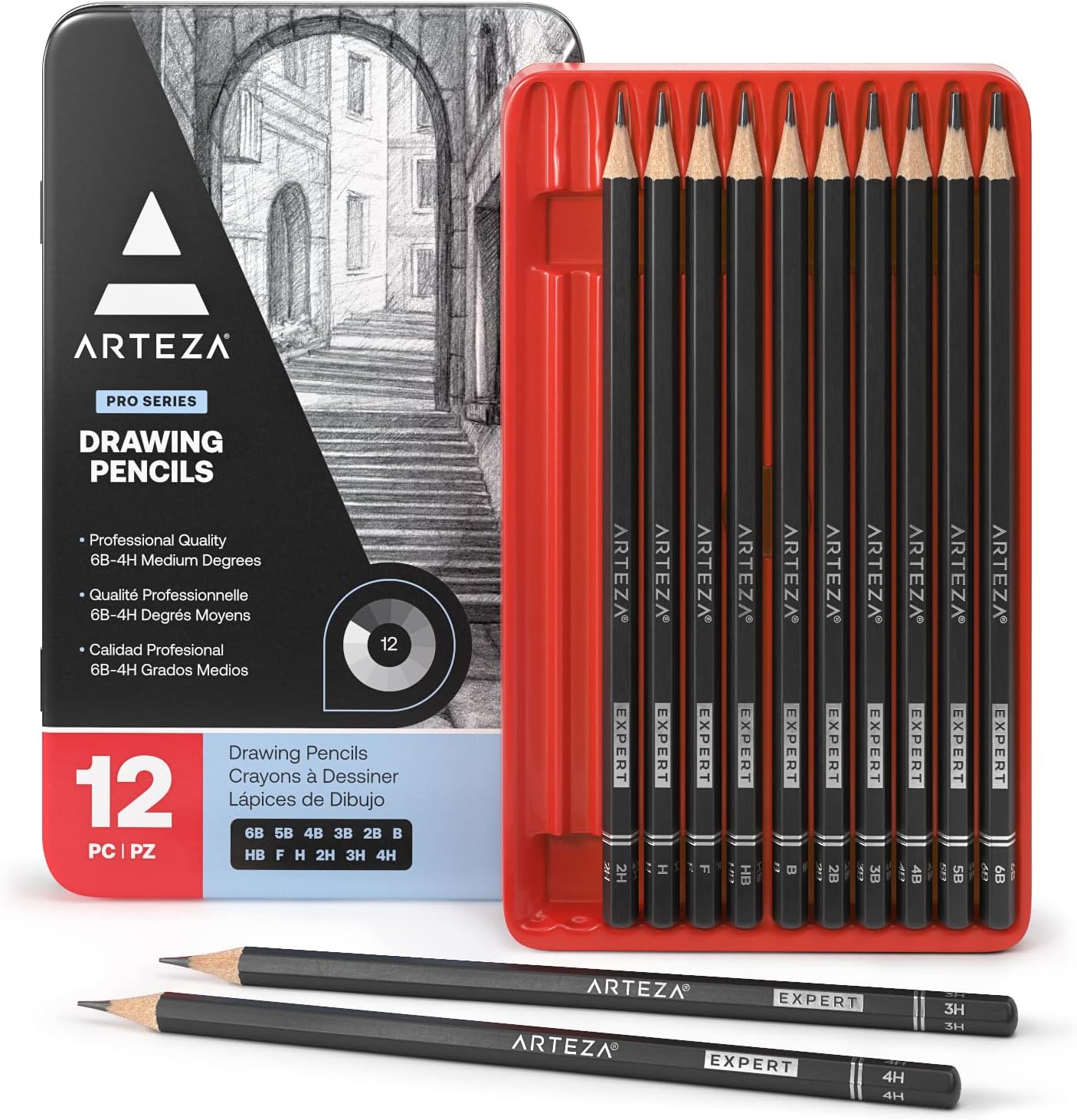 ARTEZA Drawing Sketch Pencils Set of 12, Medium (6B - 4H), Drawing Pencils for Sketching, Artist Graphite Pencils for Drawing