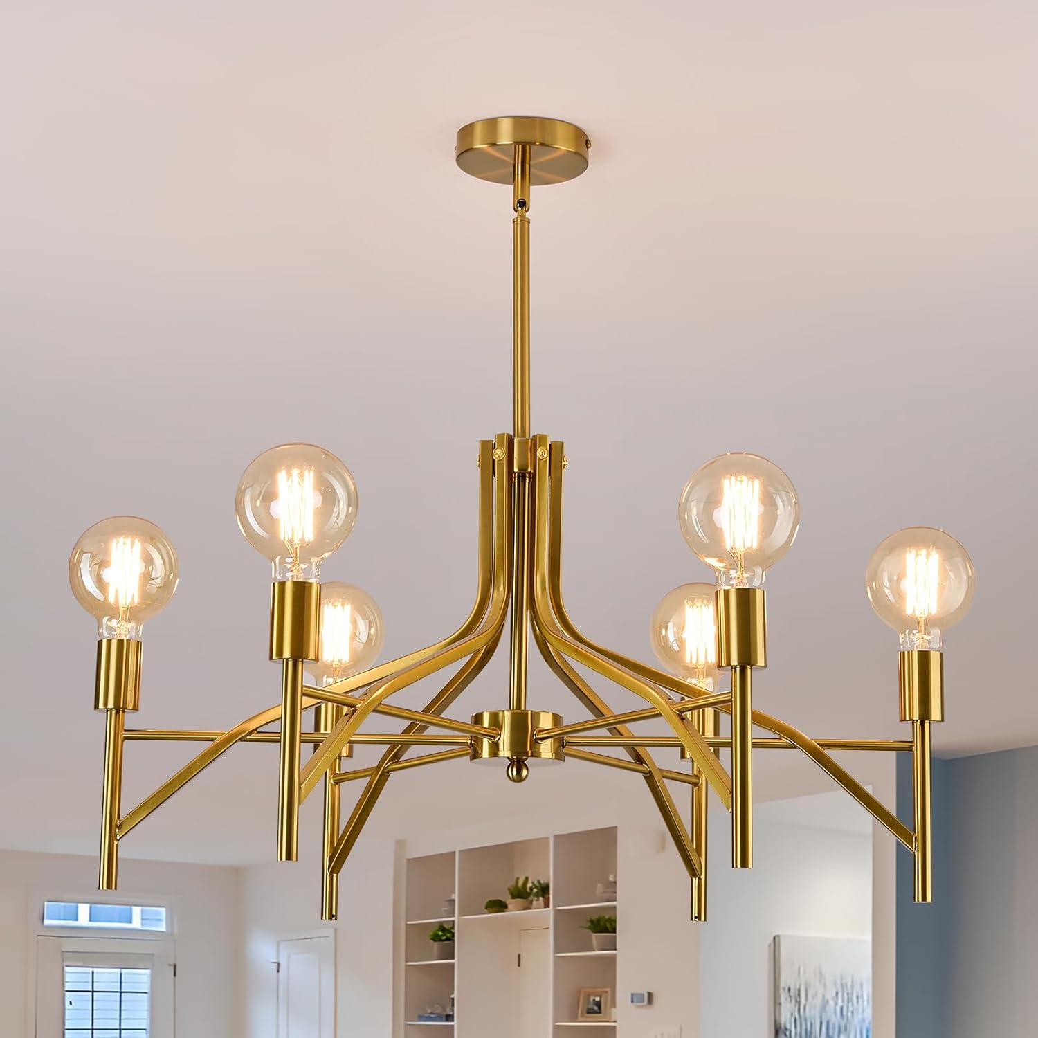 ASGYISA Modern Brass Gold Chandelier Light Fixture 6 Light Vintage Dining Room Light Fixture for Farmhouse Bedroom, Kitchen Foyer Entryway and Living Room