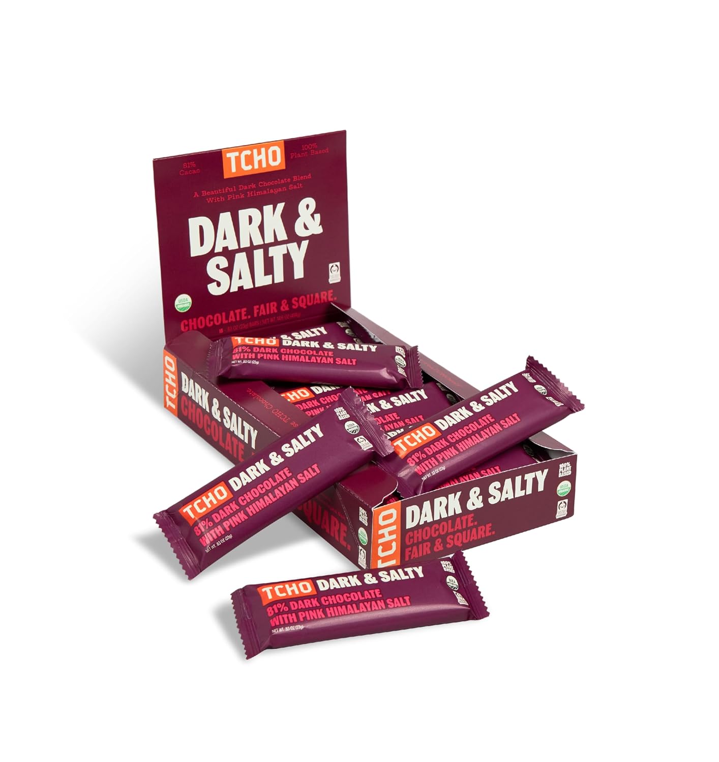 TCHO Dark & Salty Chocolate Bars - Organic 81% Dark Chocolate with Pink Himalayan Salt - Individually Wrapped 100% Plant-Based Pure Cacao Bars for Guilt-Free Indulgence (18-Pack)