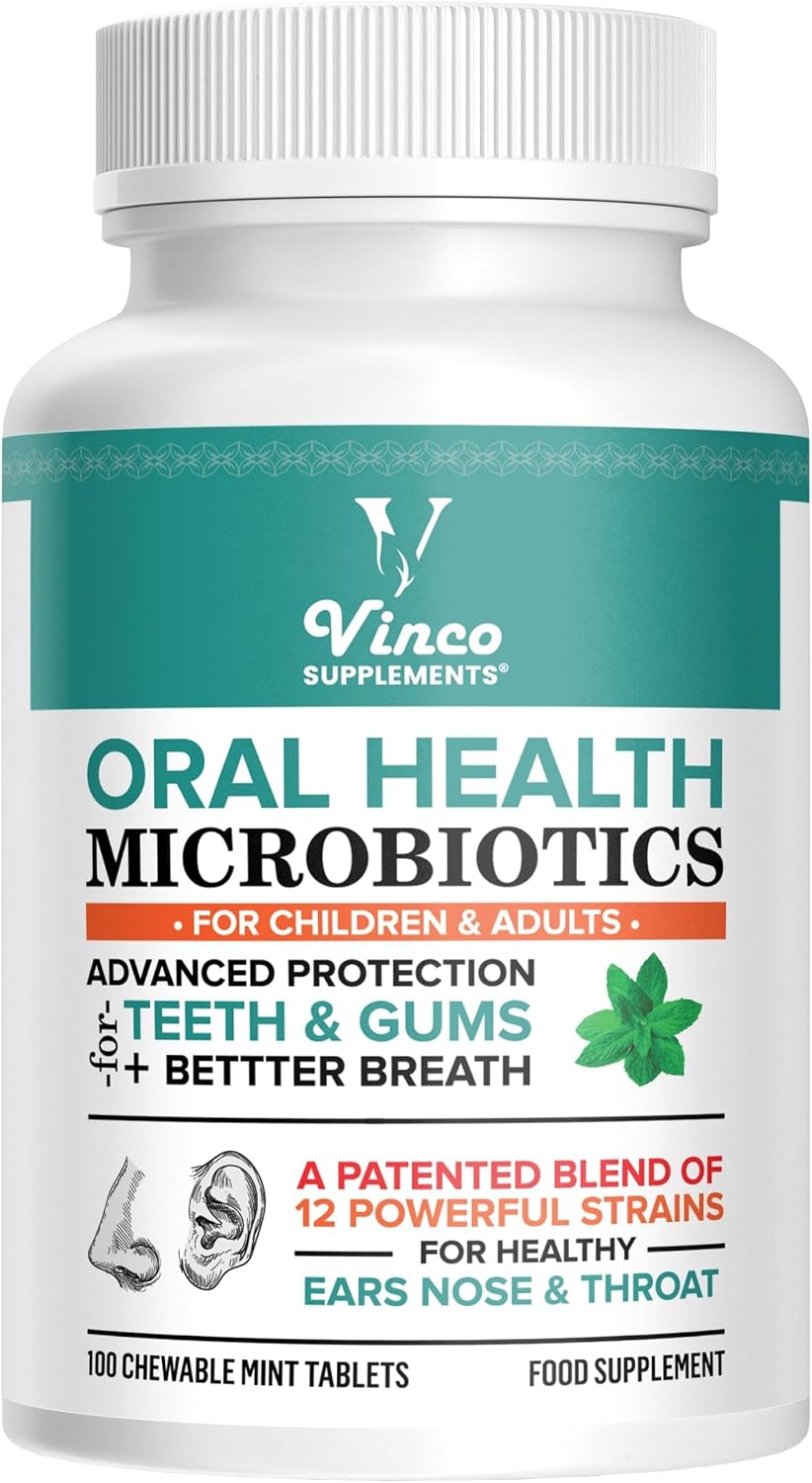 Vinco Oral Health Probiotics for Healthy Teeth, Gums, & Fresh Breath with BLIS K12 M18, Dental Probiotics for Mouth Bad Breath Treatment for Adults & Kids 100 Mint Chewable Tablets - Pack of One