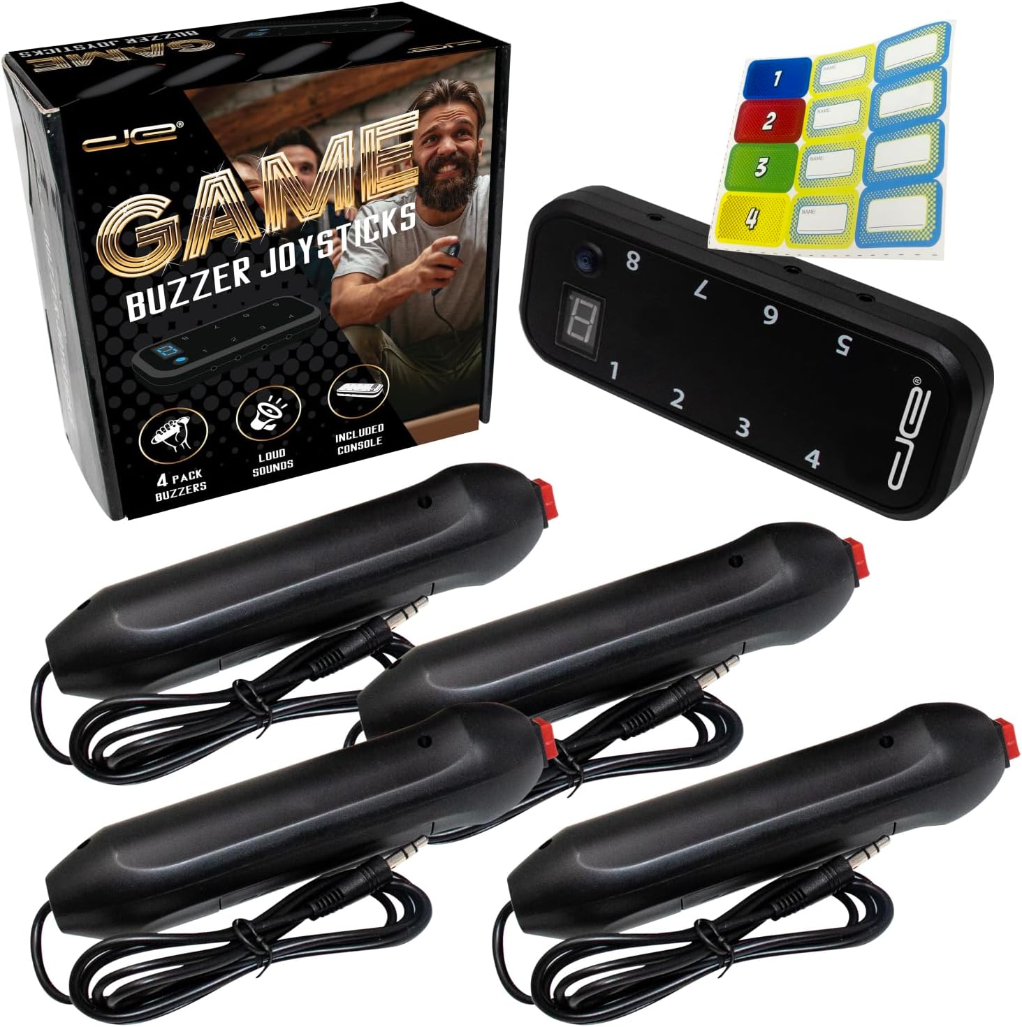 Digital Energy Handheld Buzzer Game System - Console Displays First Buzz-in - Great for Jeopardy, Family Feud, Trivia and Buzzer Games - Console with 4 Joystick Buzzers