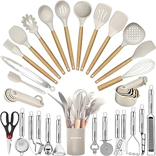 Kitchen Utensils Set- 35 PCs Cooking Utensils with Grater,Tongs, Spoon Spatula &Turner Made of Heat Resistant Food Grade Silicone and Wooden Handles Kitchen Gadgets Tools Set for Nonstick Cookware