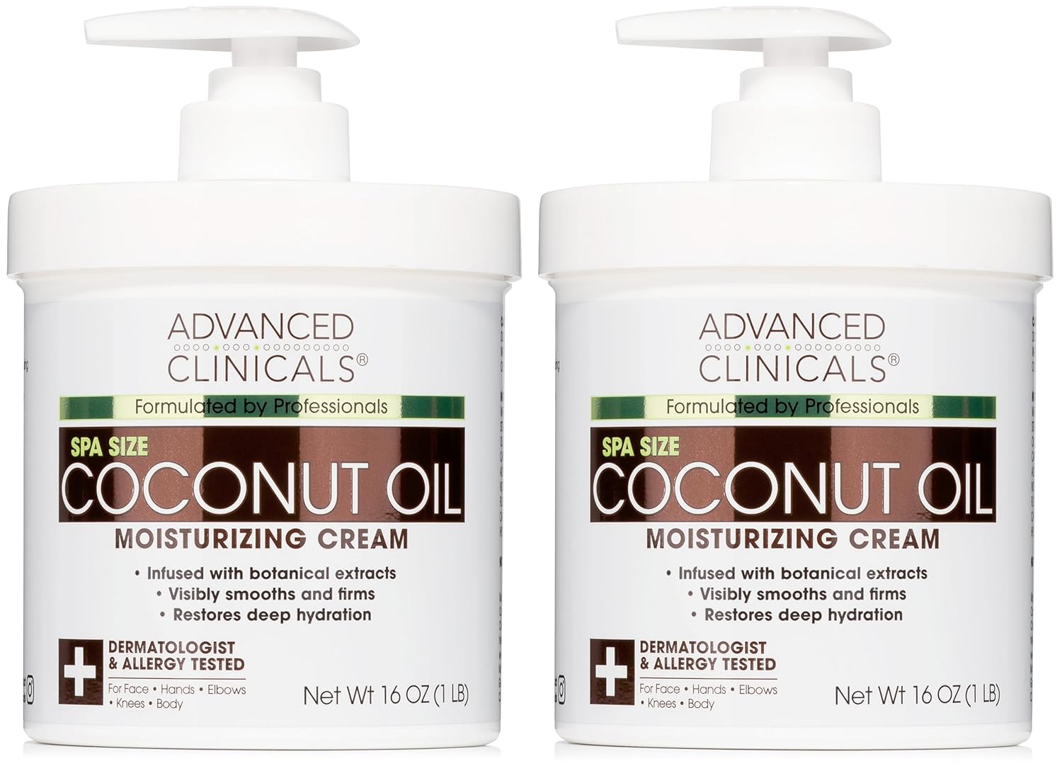 Advanced Clinicals Coconut Moisturizing Cream for Skin Care (Pack of 2), 16 Oz | Women, Men | Moisturizing, Dry Skin