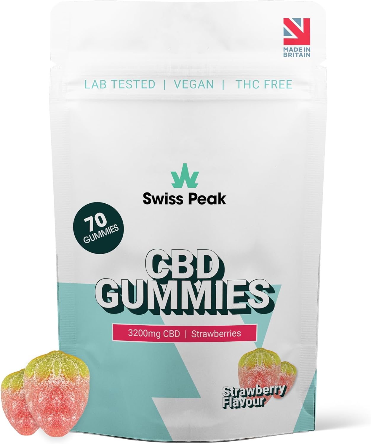 Swiss Peak, High-Strength 3200mg CBD Strawberry Flavoured Gummies, 70 Gummies Per Tub, Non-GMO, All Natural & No THC, Vegan, Gluten-Free | UK-Made