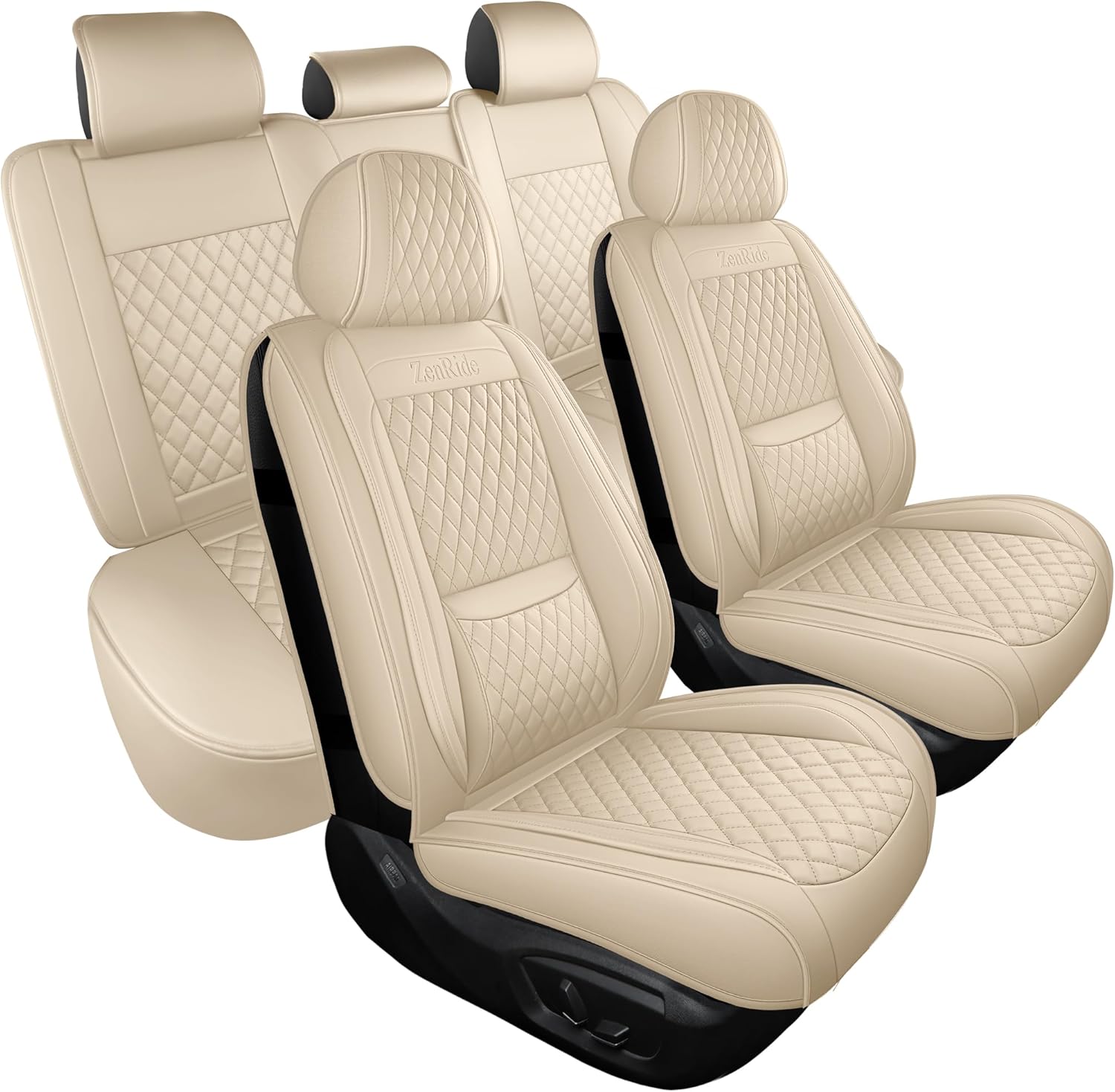 Car Seat Covers Full Set 5PCS,3D Design with Lumbar Support Nappa Leather Automotive Seat Covers for Cars SUV Truck Sedan,Universal Anti-Slip Driver Seat Cover with Backrest ZD02 Beige