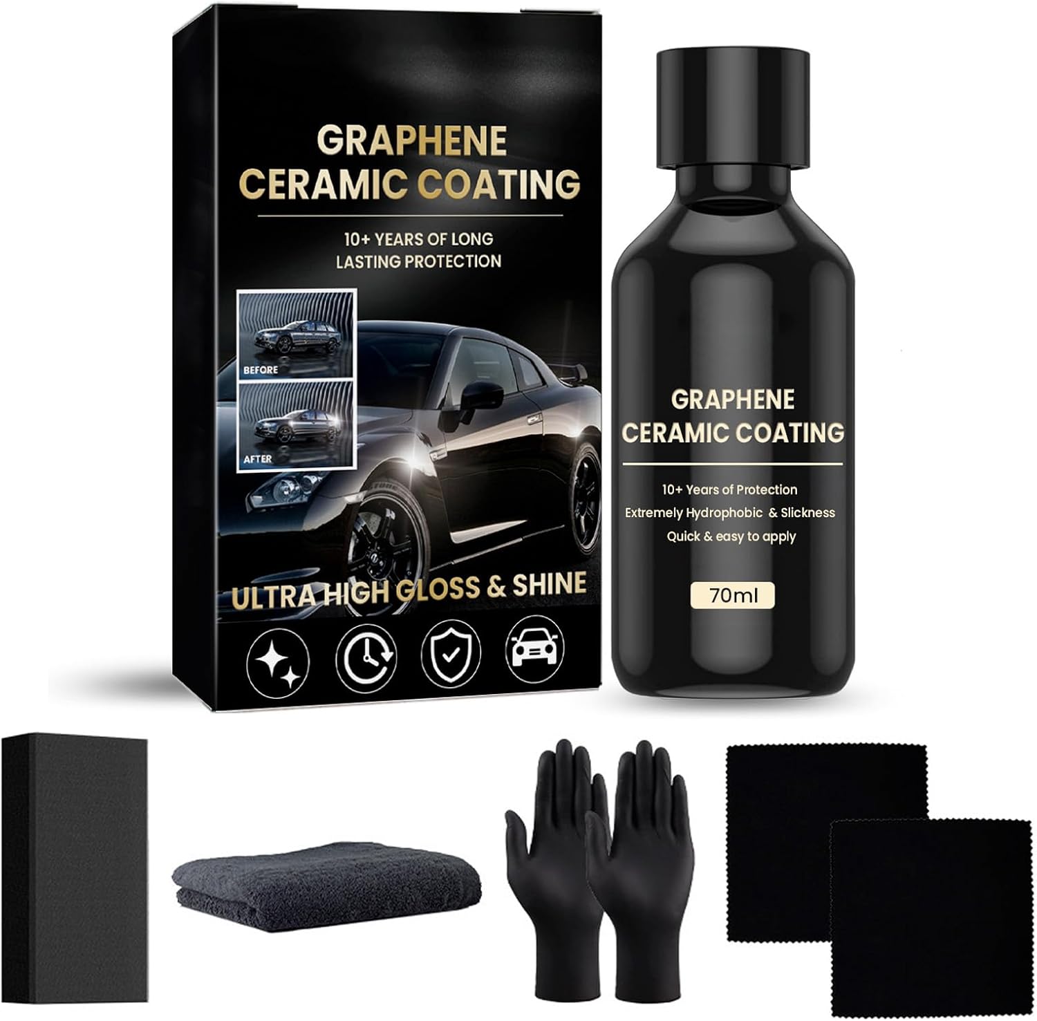 Advanced Ceramic Coating For Cars - Ceramic Auto Detailing Kit - 10+ Years Of Long Lasting High Gloss - Super Hydrophobic, Anti-Scratch, Car Sealant Protection - Easy To Apply After Washing - 70ML