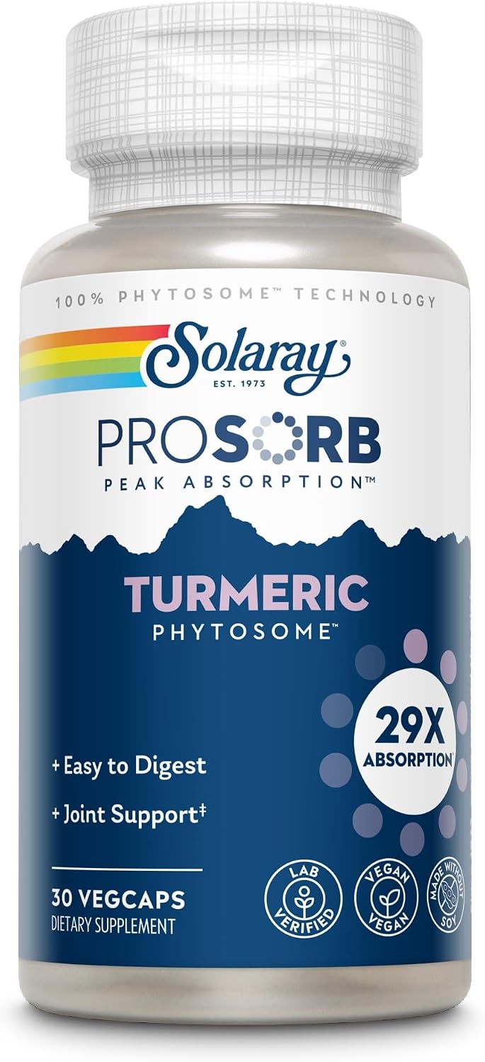 SOLARAY ProSorb Turmeric Supplement Phytosome 500 mg - 29X High Absorption Turmeric Curcumin Supplement for Joint Health Support - Easy-to-Digest Curcumin, Vegan, 60-Day Guarantee, 30 Serv, 30 VegCaps
