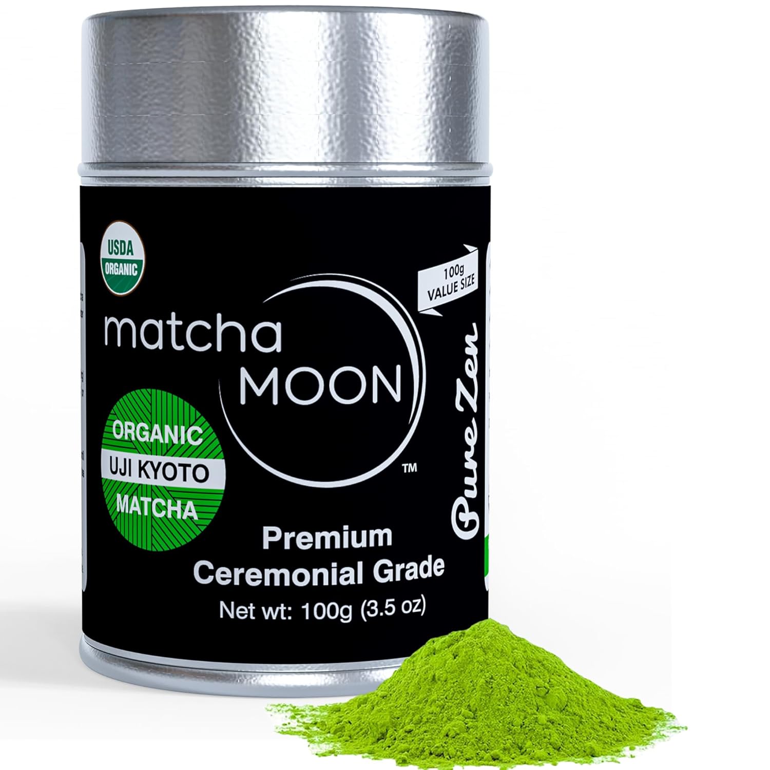 Matcha Moon Ceremonial Grade Matcha Green Tea Powder - Best For Traditionally Whisked Tea - Organic Matcha Green Powder - Pure Zen - Value Size 100g Tin