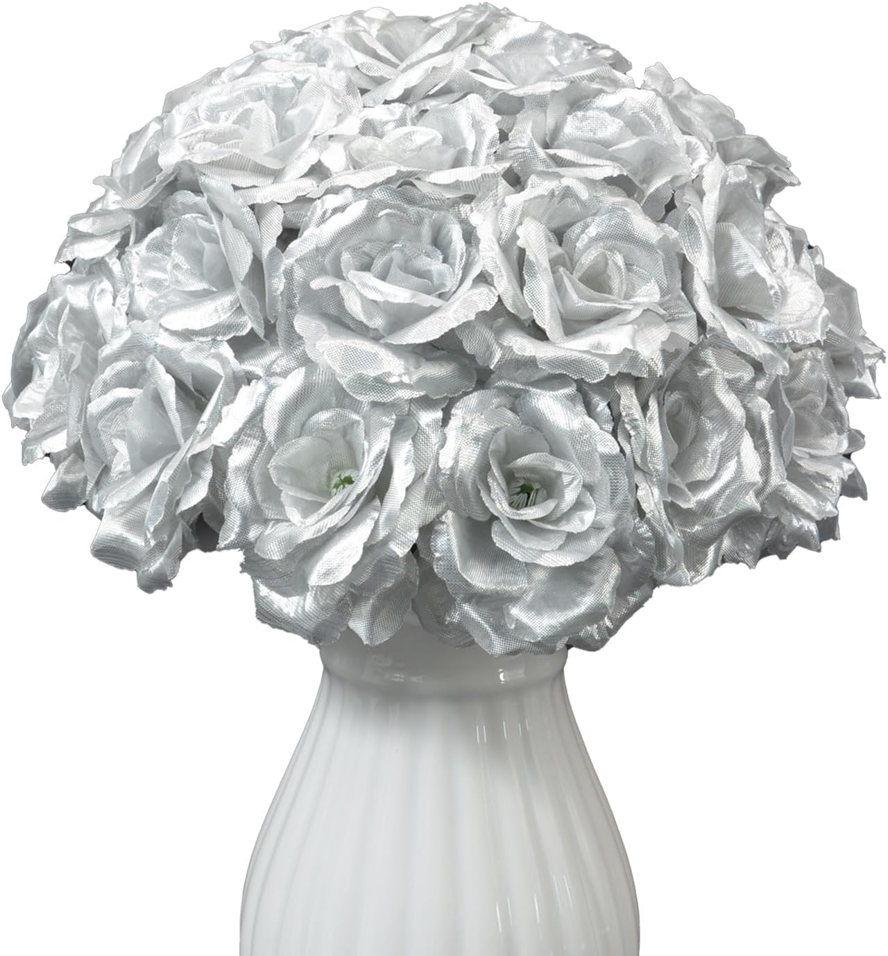 Eternal Blossom Rose Head Flowers with Stem, 50 Sliver Artificial Flowers, Used for Wedding Decoration DIY Handmade Flowers Silk Fake Rose 3 Inches and 6 Inches Stem, Silver