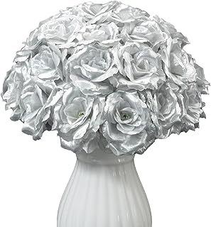Eternal Blossom Rose Head Flowers with Stem, 50 Sliver Artificial Flowers, Used for Wedding Decoration DIY Handmade Flowers Silk Fake Rose 3 Inches and 6 Inches Stem, Silver