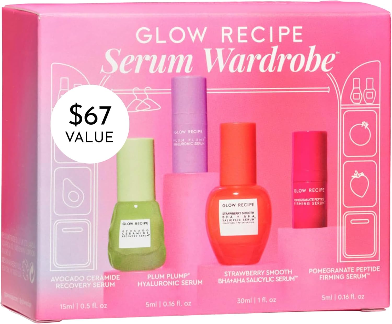 Glow Recipe Serum Skin Care Set - Avocado Ceramide Serum + Strawberry Smooth AHA BHA Serum + Plum Plump Hyaluronic Acid Serum + Pomegranate Peptide Firming Serum Set - 4 Piece Travel Skincare Gift Set
