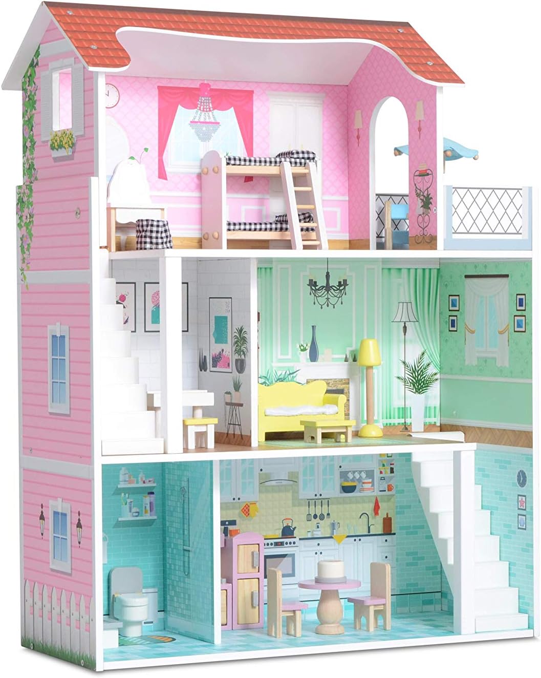Milliard Pink Wooden Dollhouse for Kids with Doll House Accessories and Furniture - 3 Levels, 6 Rooms, Bonus Balcony and 20 Furniture Pieces, Perfect for 4-6" Dolls, Easy to Assemble, 31" x 24" x 9.5"