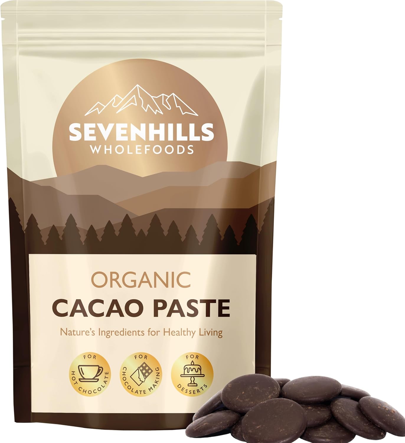 Sevenhills Wholefoods Organic Cacao Paste (Liquor, Mass) Wafers/Discs 1kg for Hot Chocolate & Baking, Unsweetened, Buttons, Drops