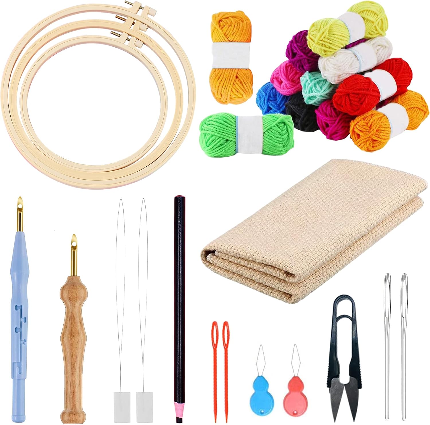 Allazone Embroidery Kit - 17 Pcs with 3 Plastic Hoops, 3 Punch Needles, 12 Colors, Big Eye Needles & Threaders