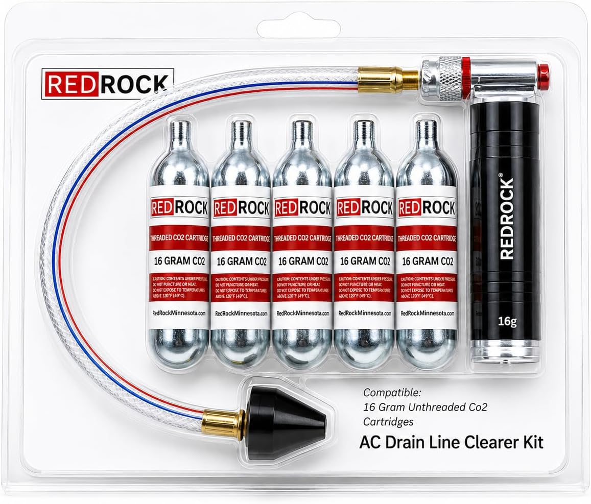 RedRock Gallo Drain Gun AC Drain Line Cleaner Tool, HVAC Air Conditioner Condensate Blaster Cleaning Kit with Flexible Hose Pipe, Includes 5 Unthreaded CO2 Cartridges