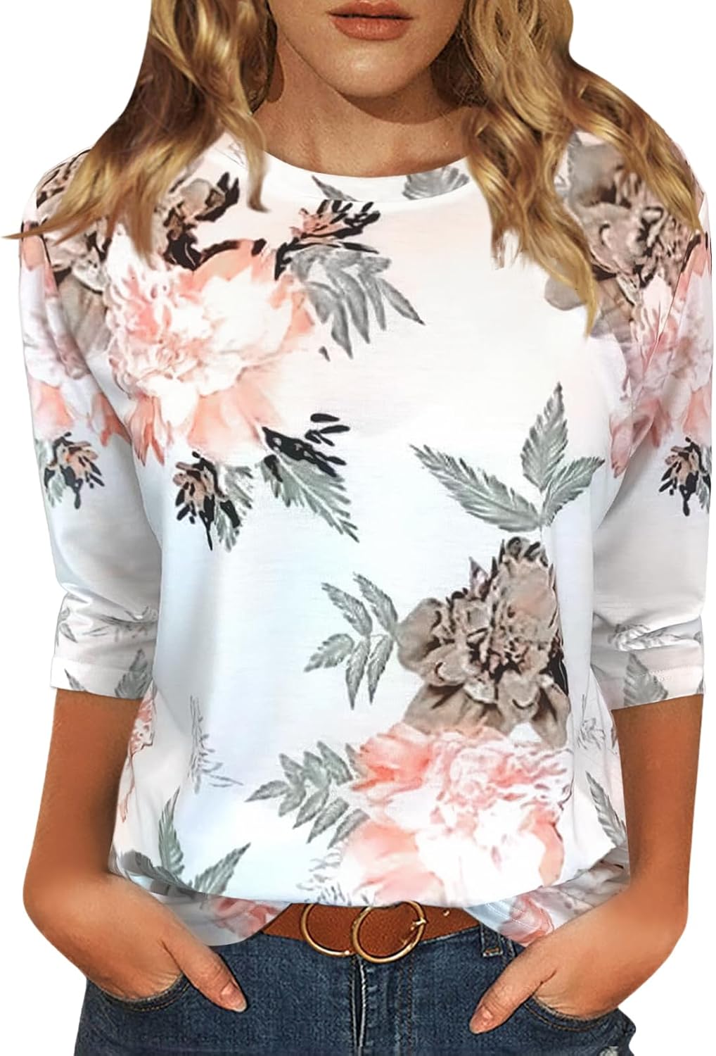 JomeDesign Womens Tops 3/4 Sleeve Shirts Round Neck Loose Casual Blouses Floral Print Tshirts