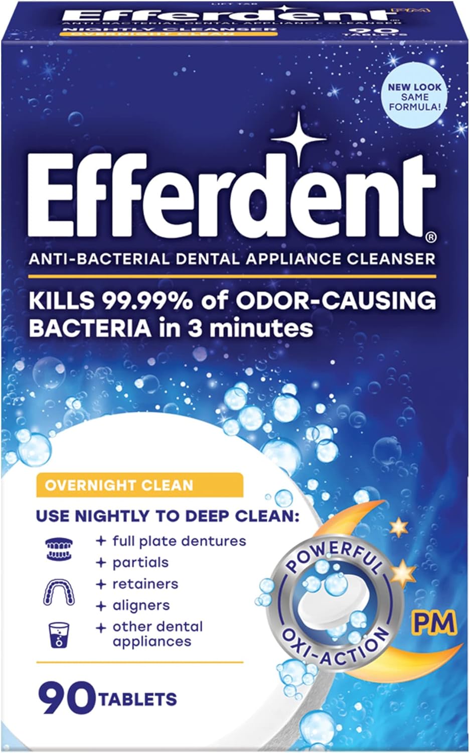 Efferdent Retainer Cleaning Tablets, 3 Month Supply of Denture Cleaning Tablets for Dental Appliances, Overnight Whitening, 90 Tablets