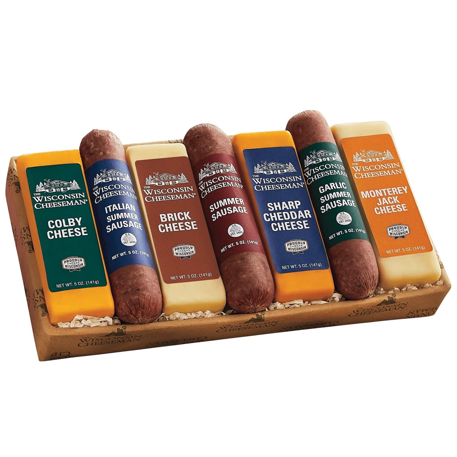The Wisconsin Cheeseman Meat and Cheese Combo - Featuring Italian, Original and Garlic Summer Sausages, Colby, Brick, Sharp Cheddar, and Monterey Charcuterie Boards, Charcuterie Gift Basket Set